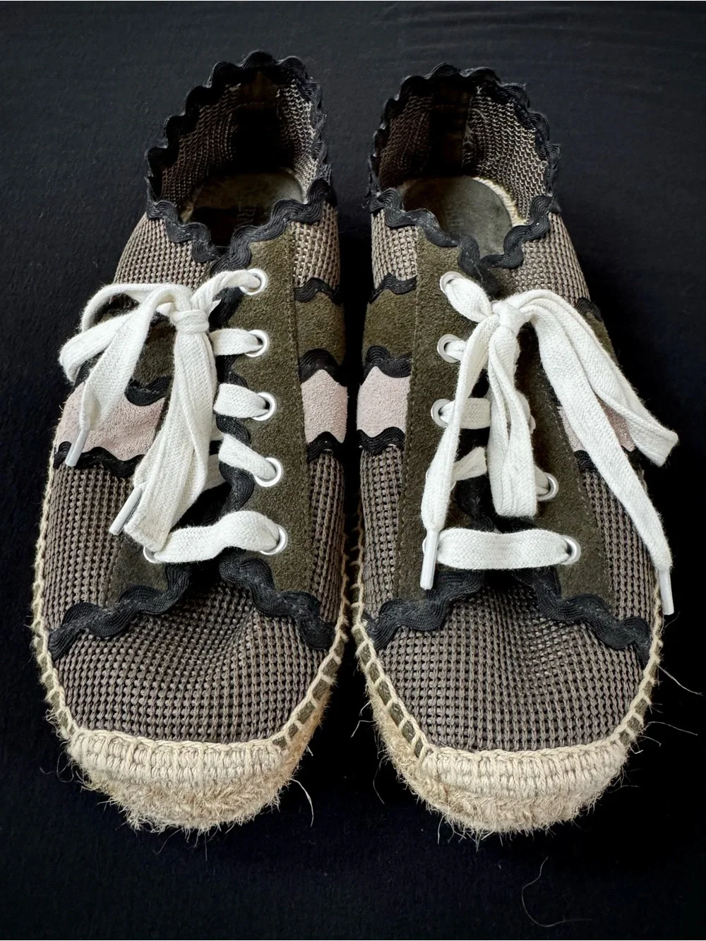 Bernardo Olive, Beige and Black Woven Espadrilles 9.5